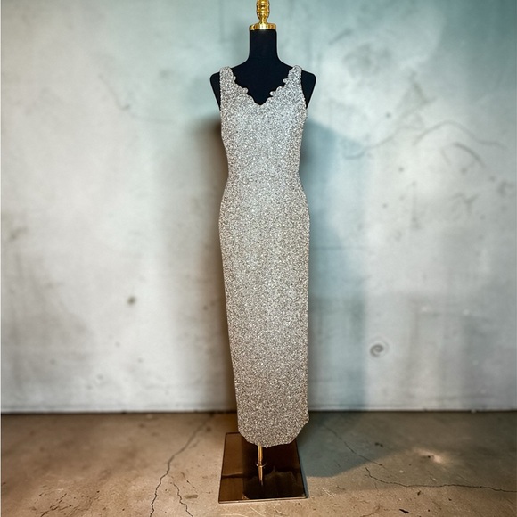Vintage Scala Silver Hand Beaded 100% Silk Formal Dress Gown - Picture 15 of 16